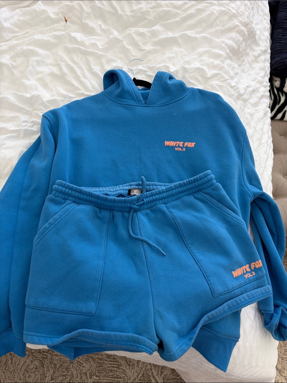 White Fox Boutique Bright Blue Hoodie & Shorts Set with Coral Logo